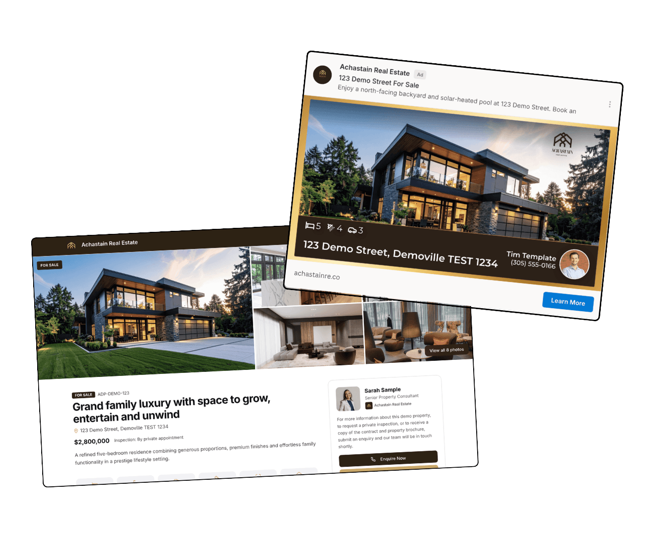A branded AdPropix carousel ad showing just sold listings with agent branding