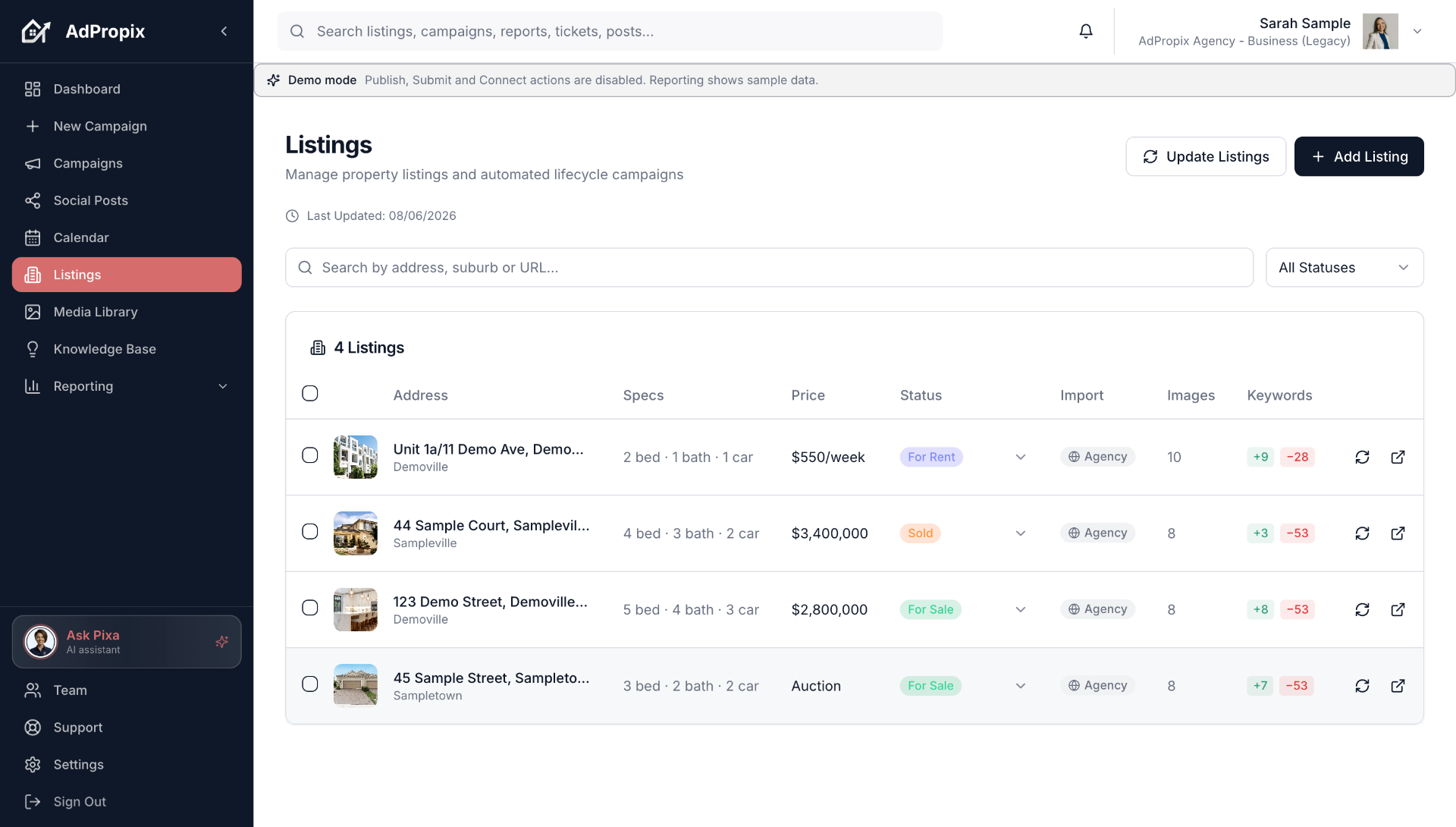 AdPropix listings feed with imported properties